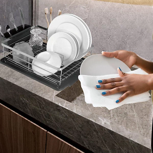 Dish Drying Rack with Stone Drying Mat, Quick-Drying/Stainless/Super Sturdy/Space-Saving, Dish Strainers for Kitchen Counter, Escurridor de Trastes para Cocina, SIlver and Black