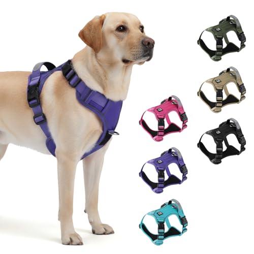Heavy Duty Tactical Dog Harness for Medium Dogs, No Pull Dog Harness with Handle & Front Clip, Reflective Soft Padded, Hook and Loop Panel, Dog Vest for Walking, Service Training, Purple, Medium