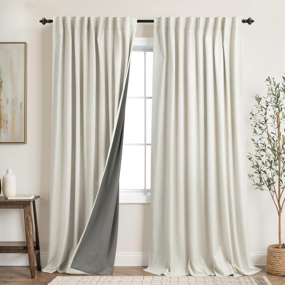 KOUFALL Extra Wide 70 Inch Linen Soundproof Blackout Curtains for Bedroom, Thermal Curtain for Winter Insulated, Black Out Curtains 84 Inch Long, Living Room Drapes 84 Length 2 Panel Set (Cream Beige)