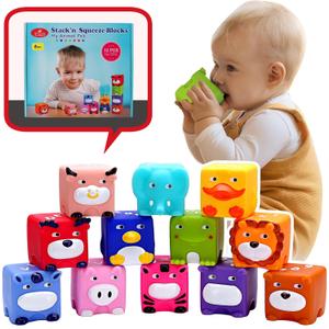 Soft Baby Blocks  Stacking & Building Toys for Babies and Toddlers  12 No Hole Squeeze Animals Blocks  Sensory Teething Toys for Infant 6 Months+