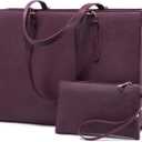 LOVEVOOK Laptop Bag for Women, Fashion Computer Tote Bag Large Capacity Handbag, Leather Shoulder Bag Purse Set, Professional Business Work Briefcase for Office Lady, 2PCs, 15.6-Inch, Deep Plum