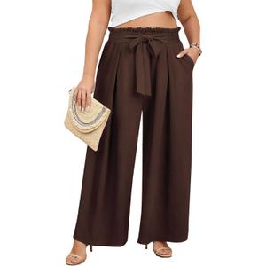 Lastshe Women's Plus Size Pants Wide Leg Work Casual Palazzo Pants Elastic High Waisted Dressy Trousers with Pockets, 2X