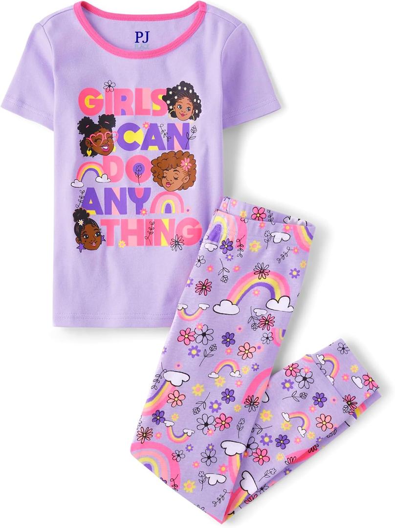 The Children's Place Girls' 100% Cotton Short Sleeve Top and Pants,2 Piece Pajama Set (Purple)