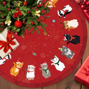 Cat Christmas Decorations 48 Inch Red Christmas Tree Skirt Cute Cat Tree Mat Decorations for Winter Holiday Party Home Decor Indoor Outdoor Ornaments