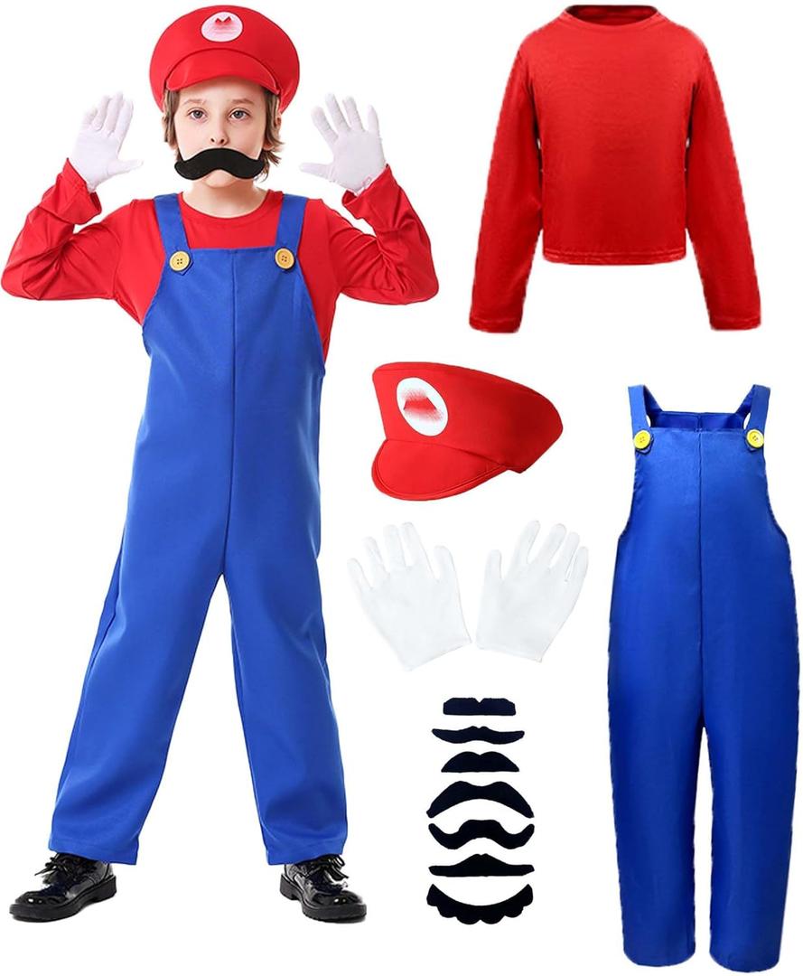 Halloween Costume Kids Plumber Jumpsuit with Hat Gloves Moustache Costume Accessories Set (Medium(7-8 Years), Red)