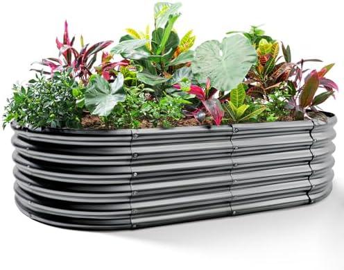 Land Guard ,Galvanized Raised Garden Bed Kit, Metal Planter Boxes Outdoor, Oval Metal Raised Garden Bed for Vegetables, Flowers (Dark Gray)(HEIGHT 12INCH)Size Missing))