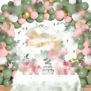Yancan Sage Green Birthday Decorations Women Birthday Party Supplies Including Floral Backdrop, Sage Green Pink Balloons Garland Arch Kit, Tablecloth, Cupcake Toppers for Girls