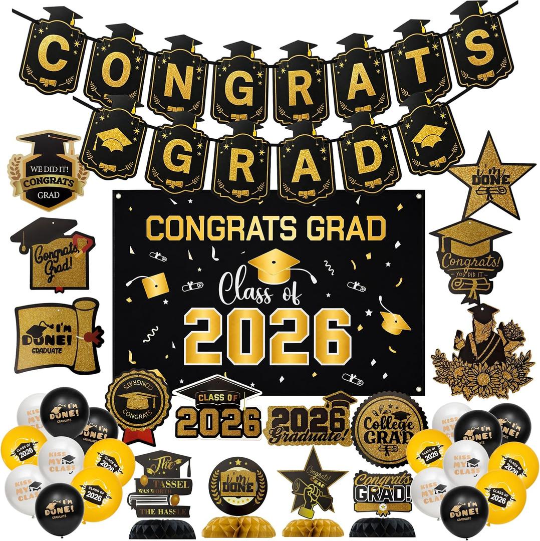 Culaluva Graduation Decorations 2026 Set: College & High School Graduation Party Supplies - Black & Gold Party Decor Sets with Class of 2026 Congrats, Grad Banner Backdrop, Balloons, Streamers Kit