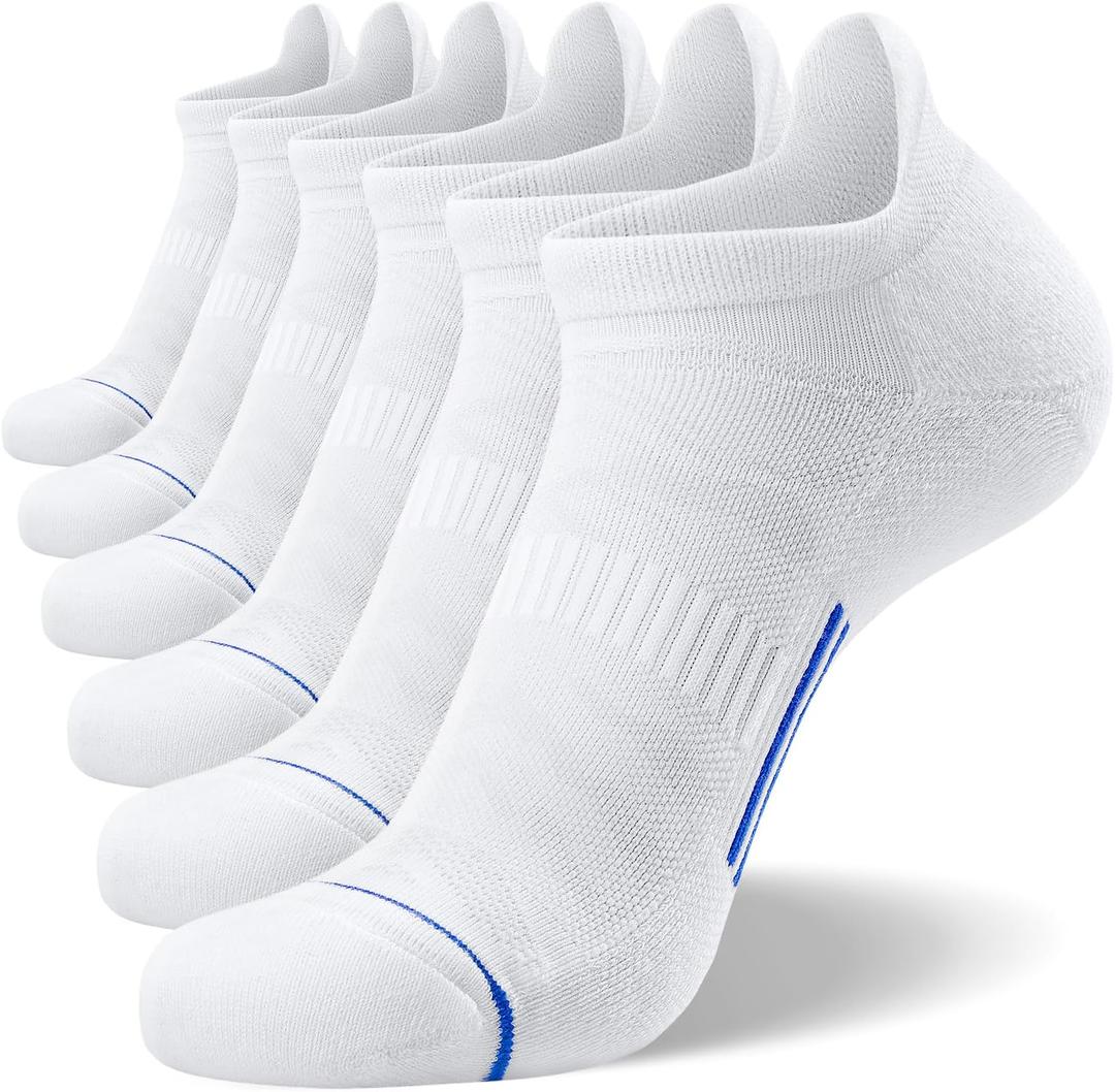 FITRELL Men's 6 Pack Ankle Running Socks Low Cut Cushioned Athletic Sports Socks 7-9/9-12/12-15 (White+blue)