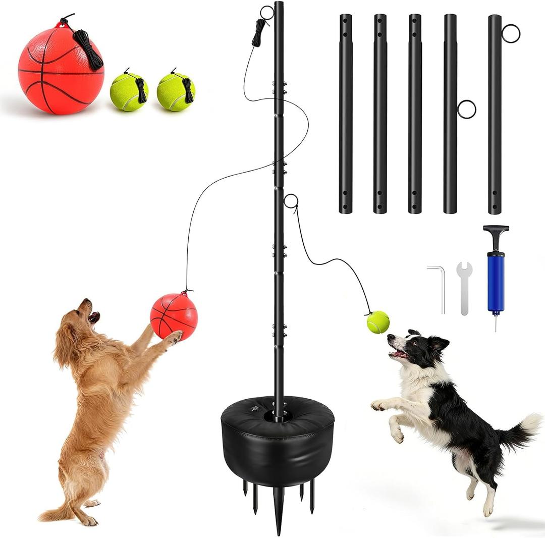 Tetherball Set with Tetherball Ball and Rope 5-Prong Ground Anchor,20kg Water Weight Bag & Adjustable Height Pole Outdoor Backyard Lawn Park Rope Ball Game for Family Dogs