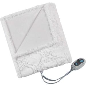 Beautyrest Long Brushed Faux Fur Ogee Textured Design Electric Blanket, Auto Shut Off, Virtually Zero EMF, Multi Heat Setting, UL Certified, Machine Washable, Ivory Throw 50x60