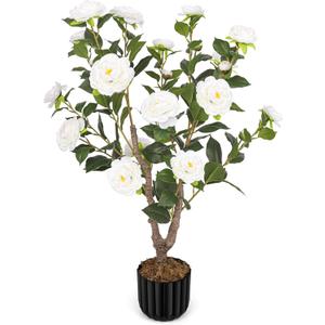 Artificial Camellia Tree for Indoor and Outdoor, Faux Flower Tree Plant in Pot Fake Topiaries for Home Front Porch Decor(1, White)