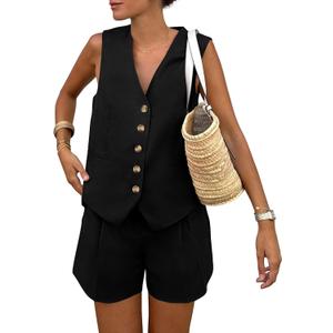 PRETTYGARDEN Women's Summer 2 Piece Outfits Sleeveless Matching Sets Button Down V Neck Vest Waistcoat and Pockets Shorts (Black, L)