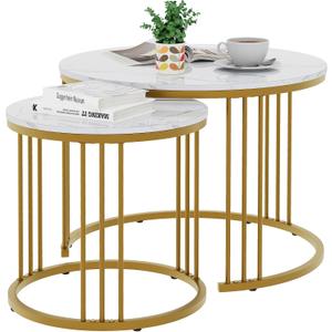 Garden 4 you Coffee Table Faux Marble Nesting Table for Small Place 2 Sets Modern Furniture Living Room Sets End Side Table Night Stand for Bed Room Dining Room (White & Gold)