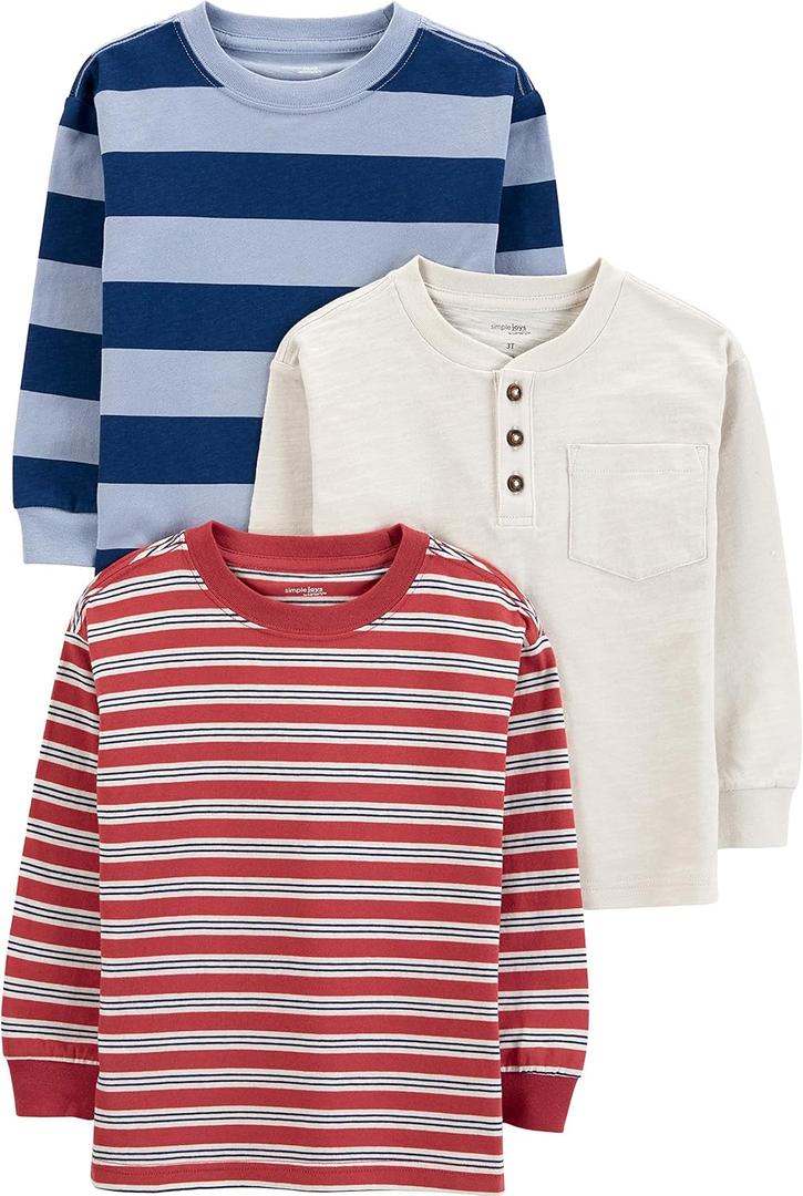Simple Joys by Carter's Boys 3-Pack Long Sleeve Shirts (Ivory Space Dye/Maroon Stripe/Navy Rugby Stripe)
