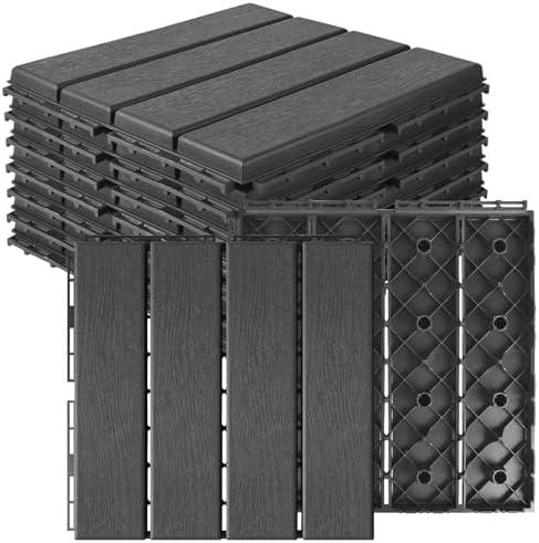 MYFAMIREA 9 Pcs Plastic Interlocking Deck Tiles 12" L x 12" W Patio Floor Decking Tiles Indoor Outdoor Waterproof Non-Slip Flooring Tile All Weather Use for Balcony Backyard Porch Poolside, Dark Grey