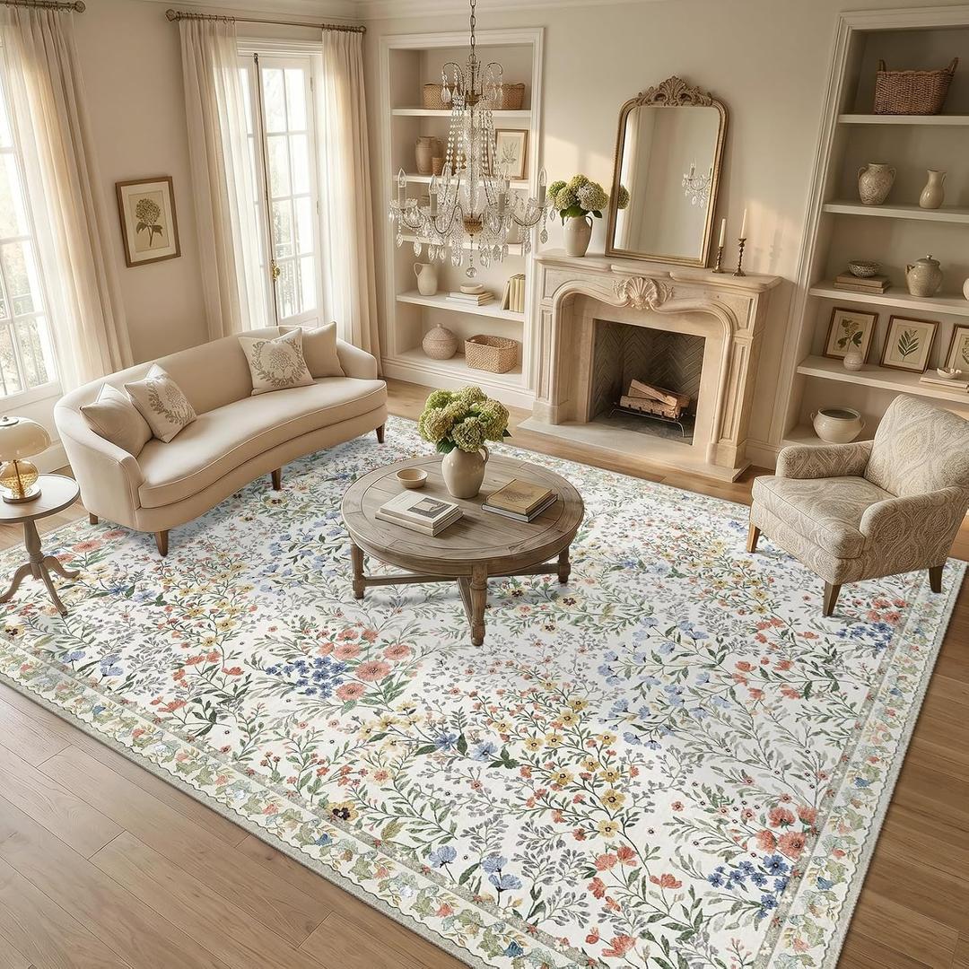 Living Room Rug 9x12: Large Vintage Floral Area Rug - Machine Washable Non Slip Low Pile Foldable Area Rug - Bedroom Dining Room Family Room Open Floor Farmhouse Indoor Carpet - 9'x12' Beige