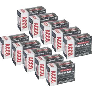 ACCO Premium Jumbo Paper Clips, Smooth Finish, 100 Paper Clips Per Box, Pack of 10 Boxes (72500)