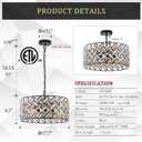 Crystal Ceiling Light Black Modern Chandelier 18" Pendant Light 6-Light Convertible Semi Flush Mount Lighting Drum Semi Flush Mount Hanging Drum Shade for Kitchen Island Dining Room Bedroom Hallway