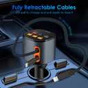 Retractable Car Charger,5 in 1 Fast Cars Phone Charger 90W,Bluetooth 5.3 FM Transmitter Adapter, Handsfree Call,2 Retractable Cables and USB Chargers for iPhone17/16 15/14/13