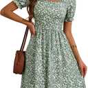 MSBASIC Women's Summer Casual Square Neck Dress Floral Puff Sleeve A Line Midi Sundress with Pockets (Green, XL)