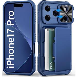 For iPhone 17 Pro Case Wallet With Card Holder (4-5 Cards), Slide Camera Cover, Military Grade Drop Shockproof, Heavy Duty Rugged Women Men Phone Case For iPhone 17 Pro 6.3" 2025, Blue