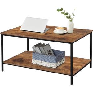 SENIG Small Brown Rectangle Wood and Metal Coffee Table with Storage Shelf for Small Living Rooms, 31.5in