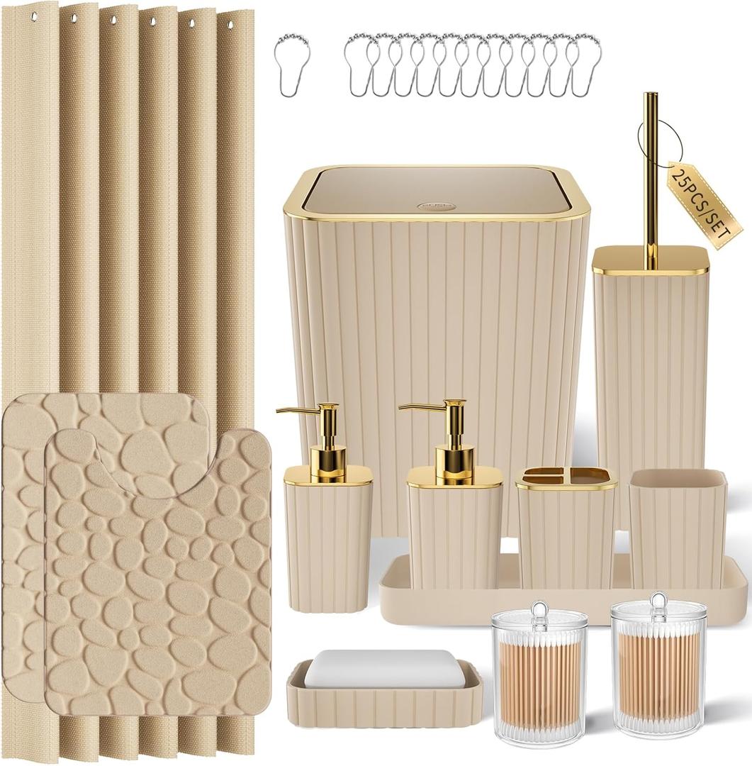 Bathroom Accessories Set - 25PC Bathroom Sets with Shower Curtain and Rugs, Beige Bathroom Accessories with Trash Can, Soap Dispenser, Soap Dish & Toilet Brush