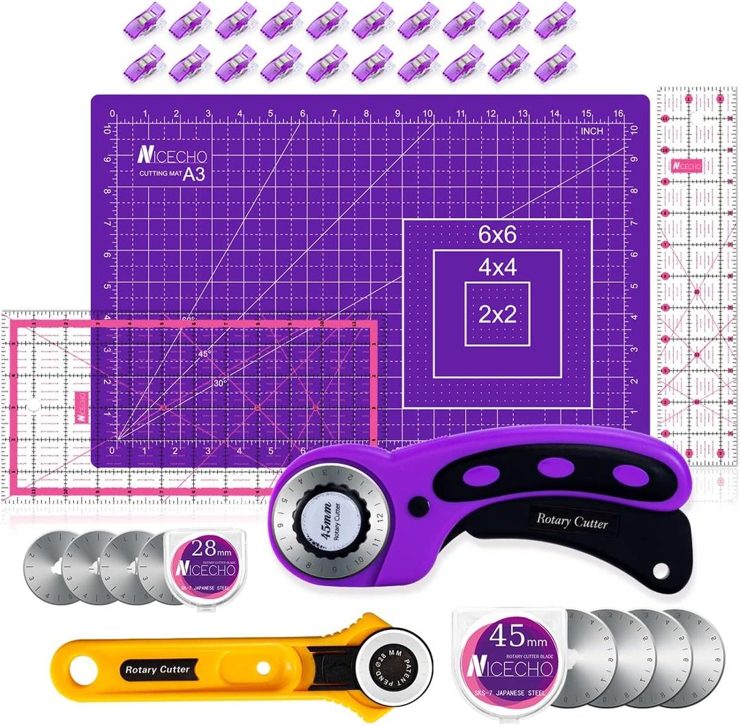 Rotary Cutter Set,Nicecho Sewing Quilting Supplies,45mm & 28 mm Fabric Cutters,8 Rotary Cutter Blades,A3 Cutting Mat for Sewing,6x12 & 2.5x12 In Quilting Rulers,Ideal Quilt kits for Lovers & Beginners