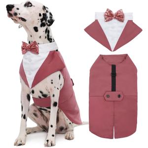 Kuoser Dog Tuxedo Dog Suit and Bandana Set, Dogs Tuxedo Wedding Party Suit, Doggy Prince Bow Tie Shirt Formal Pet Wedding Attire for Large Medium and Small Dogs Golden Retriever Samo Bulldogs (Pink)