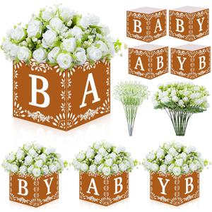 2 x 4 Sets Cielito Lindo Party Decoration, 4 Mexican Flower Boxes with 52 Artificial Flowers, Mexican Baby Shower Centerpieces, Mexica Table Decor for Papel Picado Talavera Party(Baby,Brown)