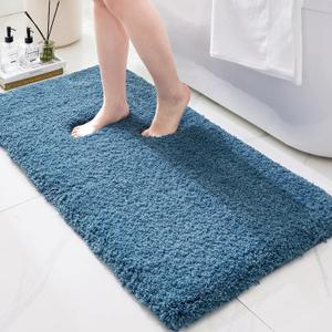 Bathroom Rugs Non Slip Washable 48x24, Ultra Thick Soft Microfiber Absorbent Bath Mats, High Density Foam Latex Non Slip Backing Bath Rugs, Fluffy Floor Carpet for Tub&Shower, Blue