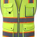 JKSafety 9 Pockets Hi-Vis Neon Yellow Zipper Front MESH Safety Vest with Fluorescent Orange Extend Edge outlining the Reflective Tapes Meet ANSI/ISEA Class 2 Standard (100-Yellow, L)