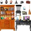 Rileryan 54 Pcs 1:12 Scale Magic Witchy House Kit Halloween Miniatures Furnitures Accessories Mini Wooden Bookshelf Bookcase 30 Mini Books Desk Chair Halloween Decoration Gift