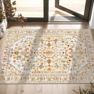 SERISSA Boho Rugs for Entryway, 2x3 Light Yellow Entryway Rug Non-Slip Washable Small Area Rug, Ultra Soft Vintage Low-Pile Indoor Door Mat Floor Carpet for Entrance Bedroom Kitchen Bathroom