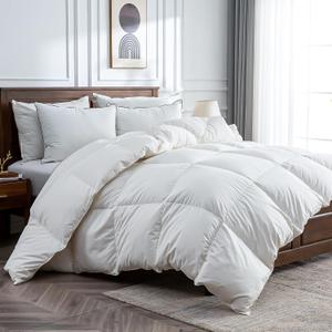 BPC Feather Down Fiber Comforter Oversized Queen for All Season, Ultra-Soft Hotel Duvet Insert with Egyptian Cotton Blend Cover, Medium Warm Bed Comforter, White, 98x98 Inches