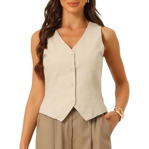 Allegra K Vest Tops for Women Summer Cotton Linen Sleeveless Button Down V Neck Fully Lined Waistcoat Cropped Vests M