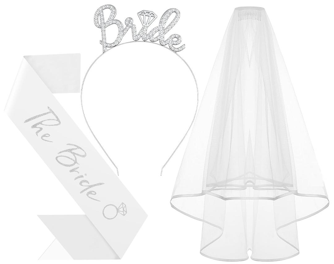 3Pcs Bride to Be Headband with Sash and Veil for Bachelorette Party DecorationsBridal Shower Favors, Accessories for Gift