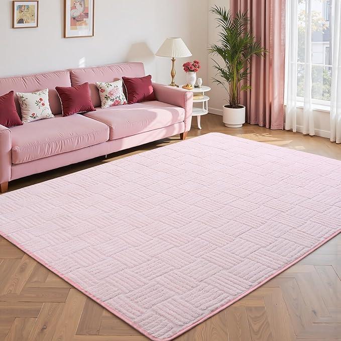 Flagover 5x7 Pink Washable Shag Area Rug for Girls Bedroom, Modern Geometric Non Slip Living Room Rugs, Fluffy Soft Thick Carpet for Kids Room, Dorm, Office, and Home Decor