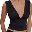 LCNBA Women's Summer Deep V Neck Sexy Crop Tops Ruched Sleeveless Going Out Double Layer Tank Tops Black Large