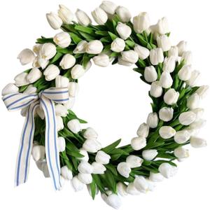 Spring Wreaths for Front Door, 16 Inch Summer Garland with White Tulips, Artificial Tulip Wreath for Farmhouse Home Wall Indoor Outdoor Window Decor