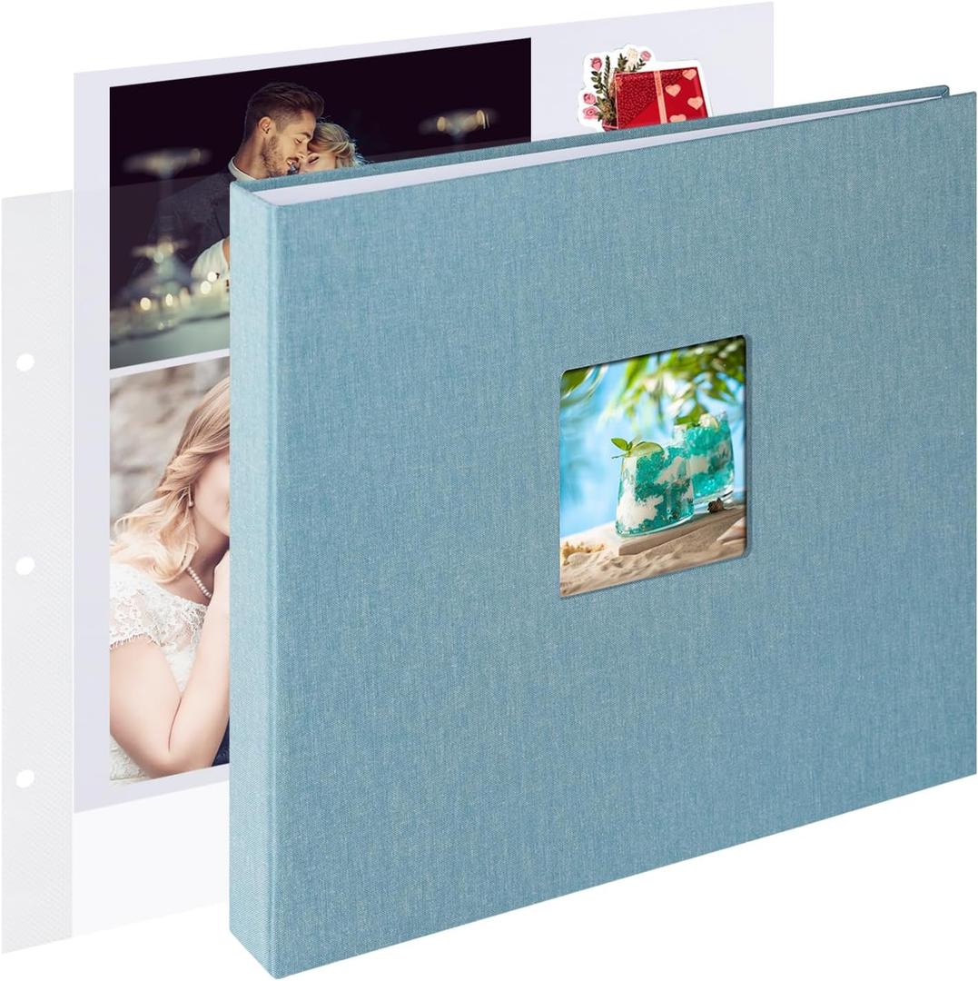 1DOT2 12x12 Inch Large 3 Ring DIY Scrapbook Photo Album Journal with 30 Plastic Sleeves 60 Pages and Fabric Cover for Baby Travel Wedding Anniversary kids Adventure (Cyan Blue Cover/White Pages)