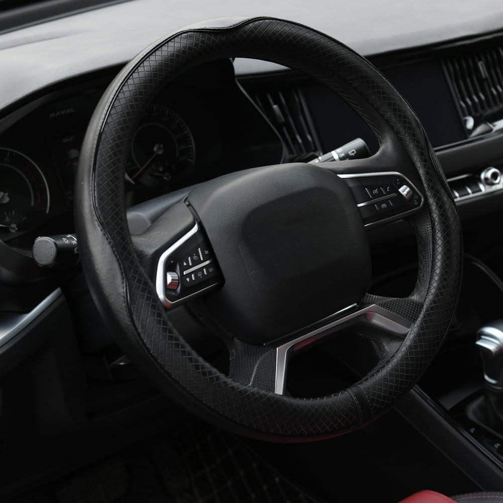 Rueesh Microfiber Leather Steering Wheel Cover Anti-Slip Matte Finish Auto Car Wheel Cover Universal 15 Inch Wheel Cover for Car Embossing Pattern Black Line