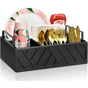 Paper Plate Dispenser with Utensil Caddy, Rustic Wooden 6-Compartment Flatware Organizer for Kitchen Counter, Picnic & Parties (Black)