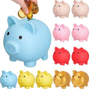 Gerrii 12 Pcs Cute Plastic Piggy Bank Bulk Pig Money Bank Large Unbreakable Piggy Coin Money Saving Box for Adult Kids Boy Girl Birthday New Year School Baby Shower Decoration(Colorful), as picture shown