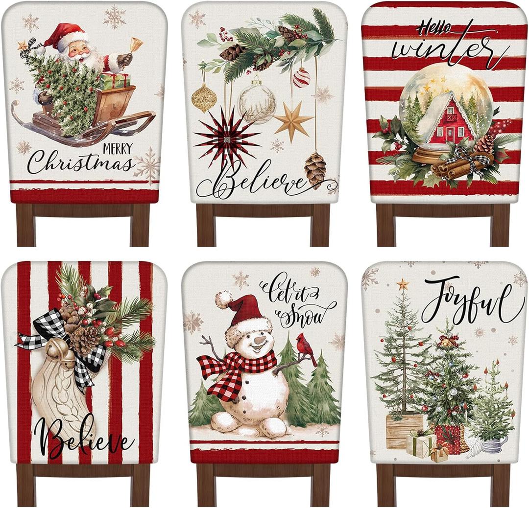 FuWeave 6 Pcs Christmas Chair Covers Vintage Christmas Chair Back Covers Red and White Xmas Chair Protector Slipcovers Washable Winter Dining Room Seat Covers for Home Hotel Kitchen Decorations