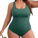 Charmo Plus Size Swimsuit for Women 2025 Tummy Control Scalloped Ribbed One Piece Swimsuits Ruched Modest Bathing Suit (0X, Army Green)