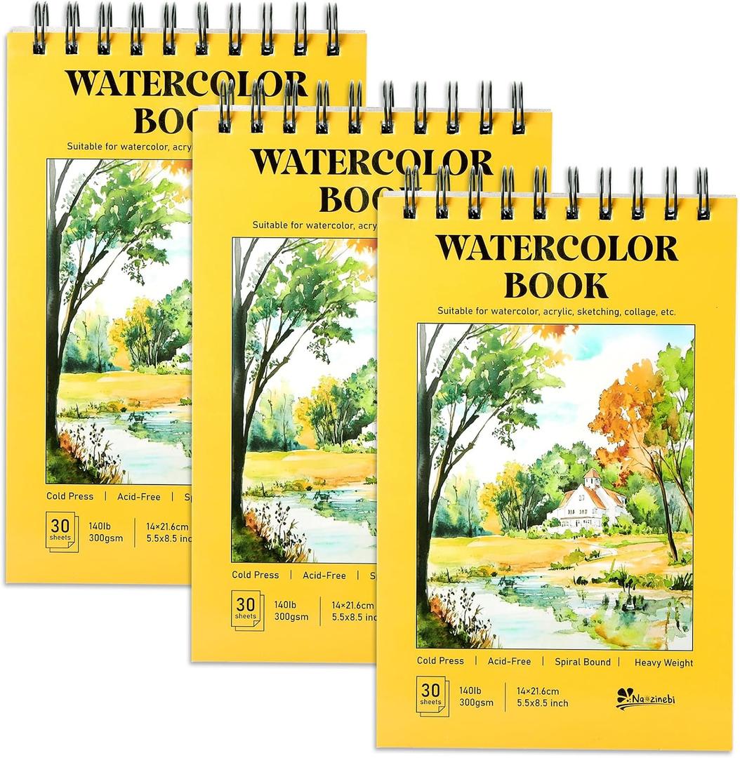Watercolor Paper Pad 3 Pack 5.5" x 8.5" Sketch Book 90 Sheets 140lb (300gsm) Spiral Bound Acid-Free Heavyweight Water Color Paper for Adults Kids Beginners Artists Students Mixed Media Markers