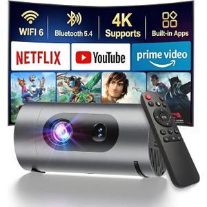 Smart Projector with WiFi and Bluetooth, Mini Projector Supports 4K 1080P, Portable Movie Projectors Built-in Apps, Compatible with HDMI/USB/Smartphone/TV Box/Laptop for Bedroom, Office, Outdoor Use