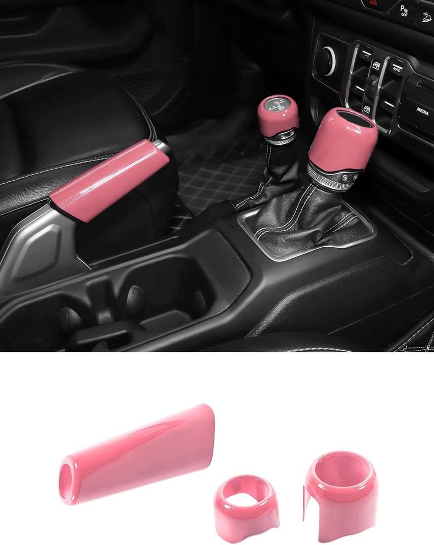 Savadicar Pink Interior Accessories - Handbrake & Gear Shift Knob Trim Set for 2018-Present Jeep Wrangler JL JLU 4XE & Gladiator JT - Solid Color Interior Decor Upgrade Option, 3-Piece